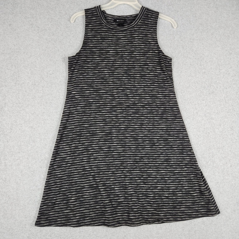 AB‎ Studio A-Line Dress Womens L Black Striped Ribbed Knit Sleeveless Round Neck